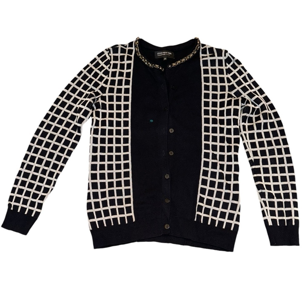 Jones New York Collection Petite Black Button Down Crew Neck Sweater Gem Collar